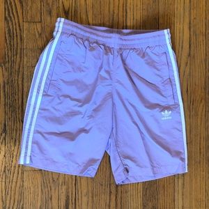 Adidas light purple 3-stripes 20” swim shorts